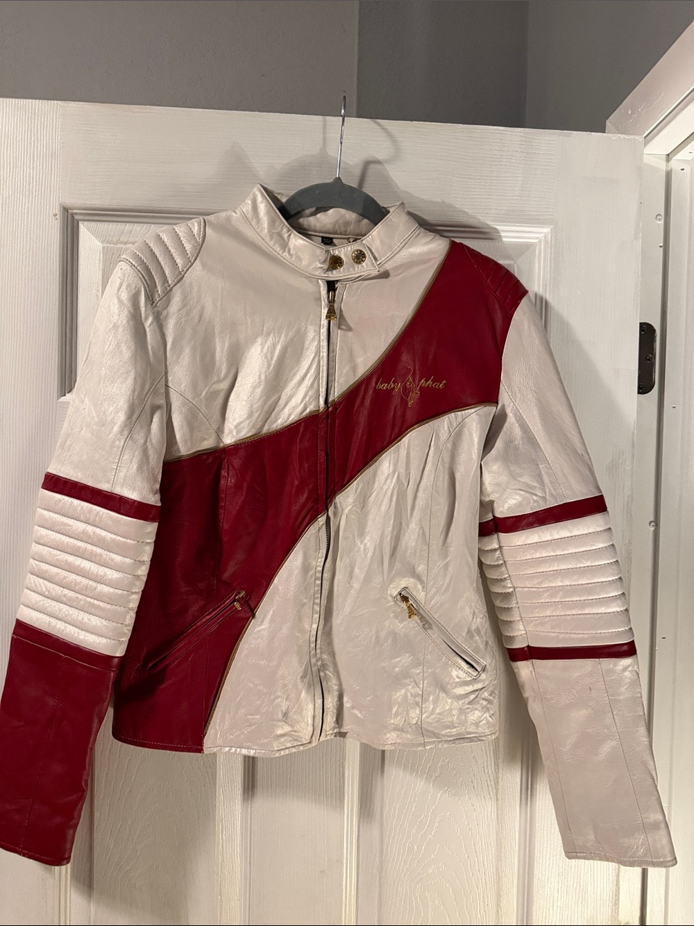 Baby phat White and Red Leather Moto Jacket(red a little on white)pic